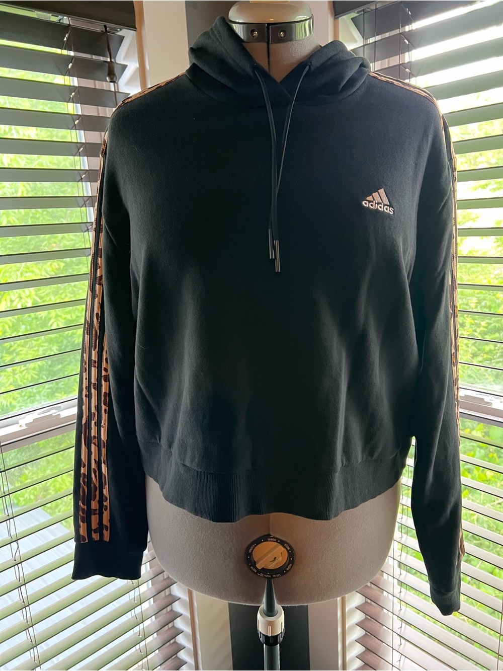adidas Black Hoodie with Leopard-Trim Sleeve Stripes